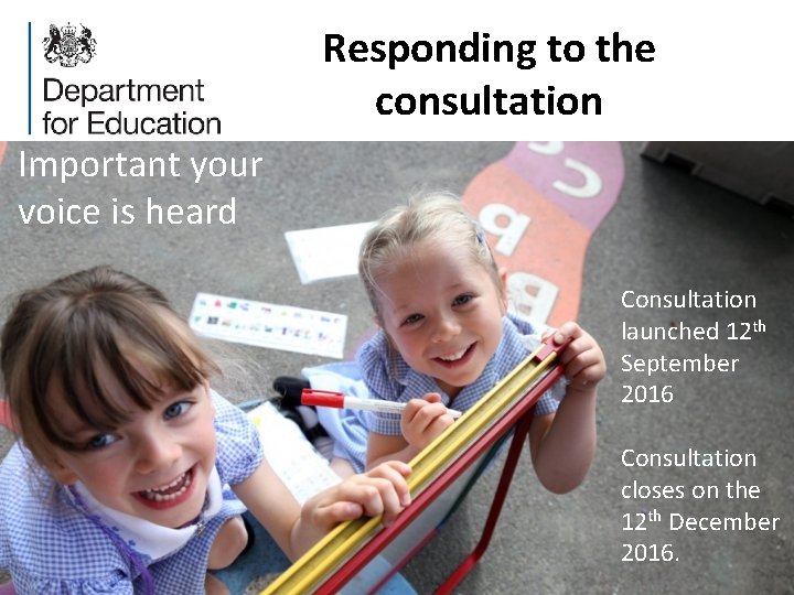 Responding to the consultation Important your voice is heard Consultation launched 12 th September