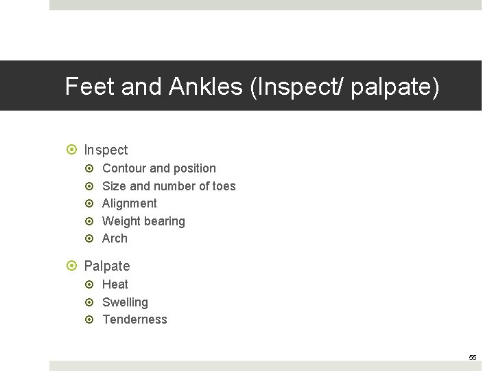 Feet and Ankles (Inspect/ palpate) Inspect Contour and position Size and number of toes