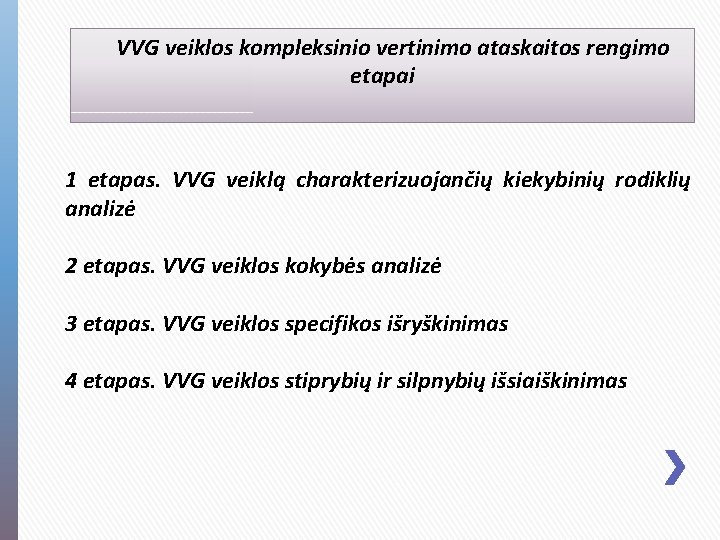 VVG veiklos kompleksinio vertinimo ataskaitos rengimo etapai 1 etapas. VVG veiklą charakterizuojančių kiekybinių rodiklių