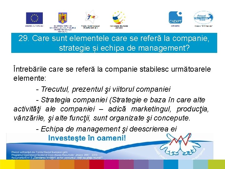 29. Care sunt elementele care se referă la companie, strategie și echipa de management?