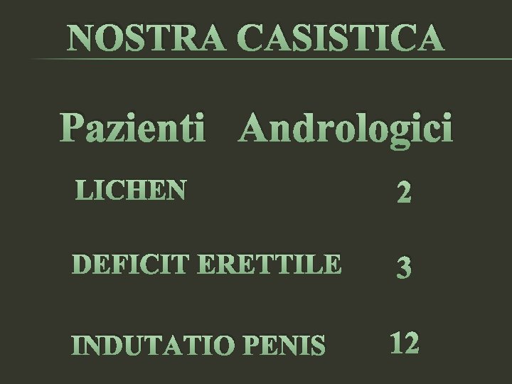 NOSTRA CASISTICA Pazienti Andrologici LICHEN 2 DEFICIT ERETTILE 3 INDUTATIO PENIS 12 