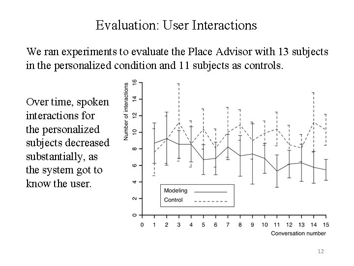 Evaluation: User Interactions We ran experiments to evaluate the Place Advisor with 13 subjects