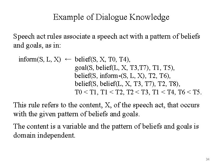 Example of Dialogue Knowledge Speech act rules associate a speech act with a pattern