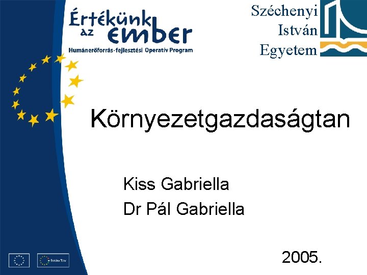 Széchenyi István Egyetem Környezetgazdaságtan Kiss Gabriella Dr Pál Gabriella 2005. 