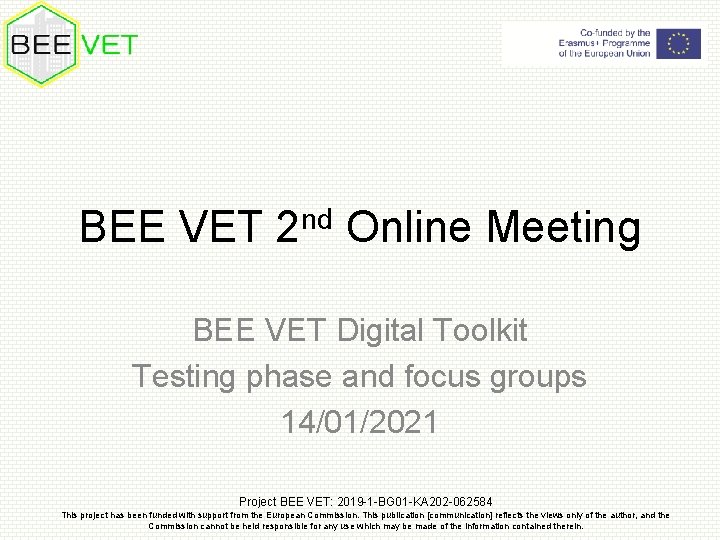 BEE VET 2 nd Online Meeting BEE VET Digital Toolkit Testing phase and focus