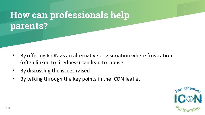 How can professionals help parents? • By offering ICON as an alternative to a