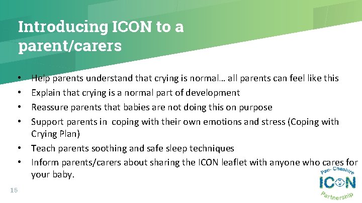 Introducing ICON to a parent/carers Help parents understand that crying is normal… all parents