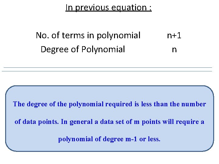 In previous equation : No. of terms in polynomial Degree of Polynomial n+1 n