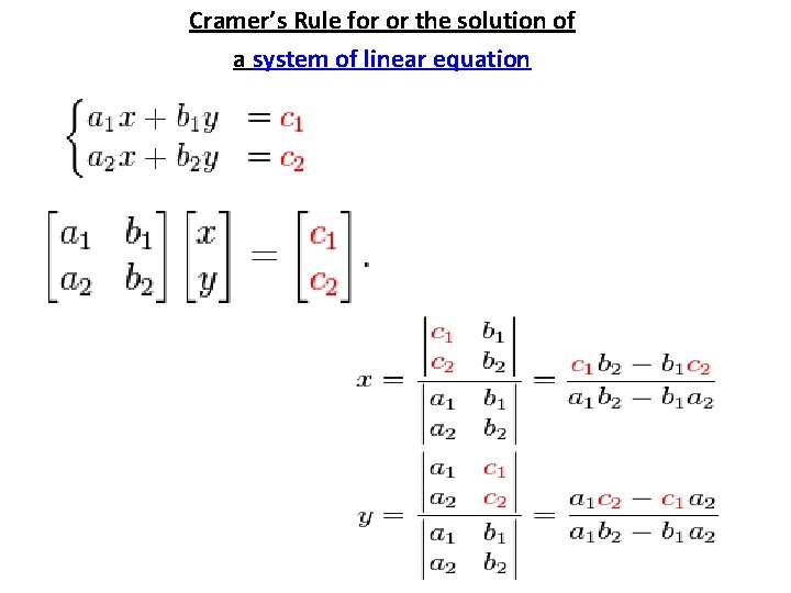 Cramer’s Rule for or the solution of a system of linear equation 