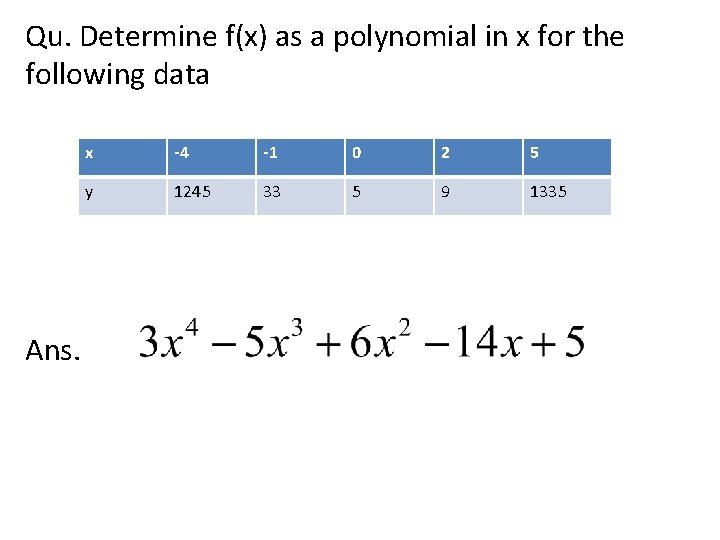 Qu. Determine f(x) as a polynomial in x for the following data Ans. x