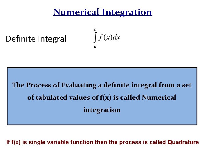 Numerical Integration Definite Integral The Process of Evaluating a definite integral from a set