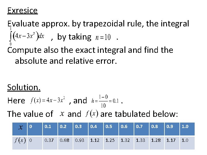 Exresice Evaluate approx. by trapezoidal rule, the integral , by taking. Compute also the