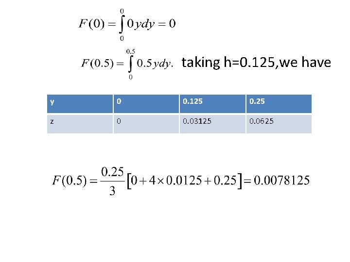 taking h=0. 125, we have y 0 0. 125 0. 25 z 0 0.