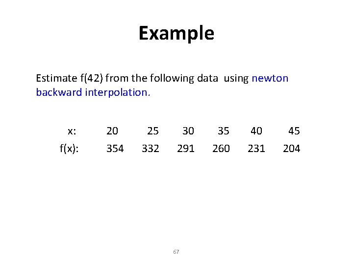 Example Estimate f(42) from the following data using newton backward interpolation. x: 20 25