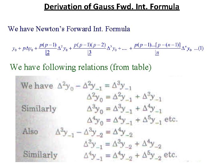 Derivation of Gauss Fwd. Int. Formula We have Newton’s Forward Int. Formula We have