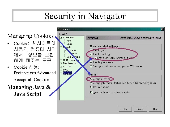 Security in Navigator Managing Cookies • Cookie: 웹사이트와 사용자 컴퓨터 사이 에서 정보를 교환 Security in Navigator Managing Cookies • Cookie: 웹사이트와 사용자 컴퓨터 사이 에서 정보를 교환