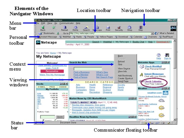 Elements of the Navigator Windows Location toolbar Navigation toolbar Menu bar Personal toolbar Context Elements of the Navigator Windows Location toolbar Navigation toolbar Menu bar Personal toolbar Context