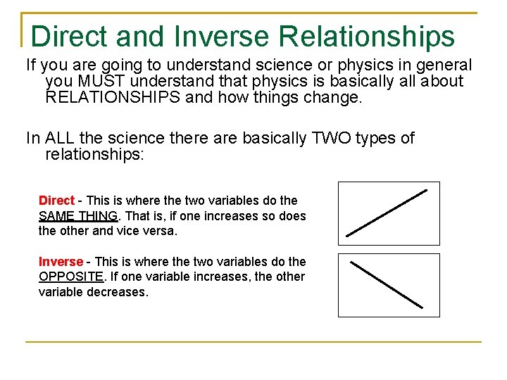 Direct and Inverse Relationships If you are going to understand science or physics in