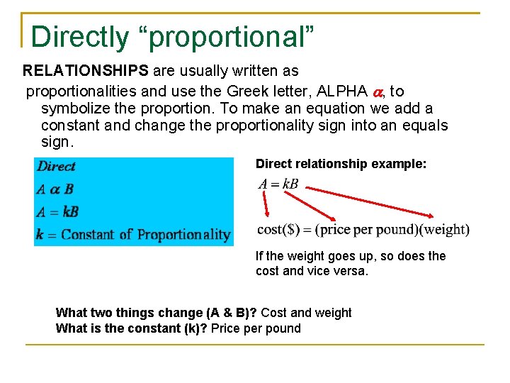 Directly “proportional” RELATIONSHIPS are usually written as proportionalities and use the Greek letter, ALPHA
