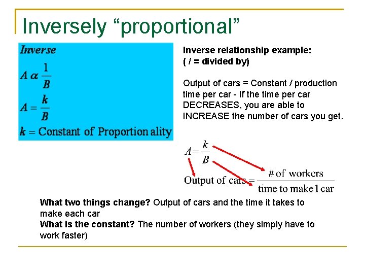 Inversely “proportional” Inverse relationship example: ( / = divided by) Output of cars =