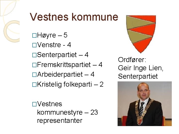 Vestnes kommune �Høyre – 5 �Venstre - 4 �Senterpartiet – 4 �Fremskrittspartiet – 4