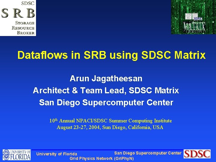 Dataflows in SRB using SDSC Matrix Arun Jagatheesan Architect & Team Lead, SDSC Matrix