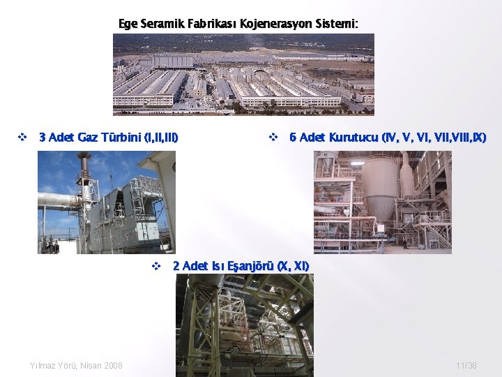 Ege Seramik Fabrikası Kojenerasyon Sistemi: v 3 Adet Gaz Türbini (I, III) v 6