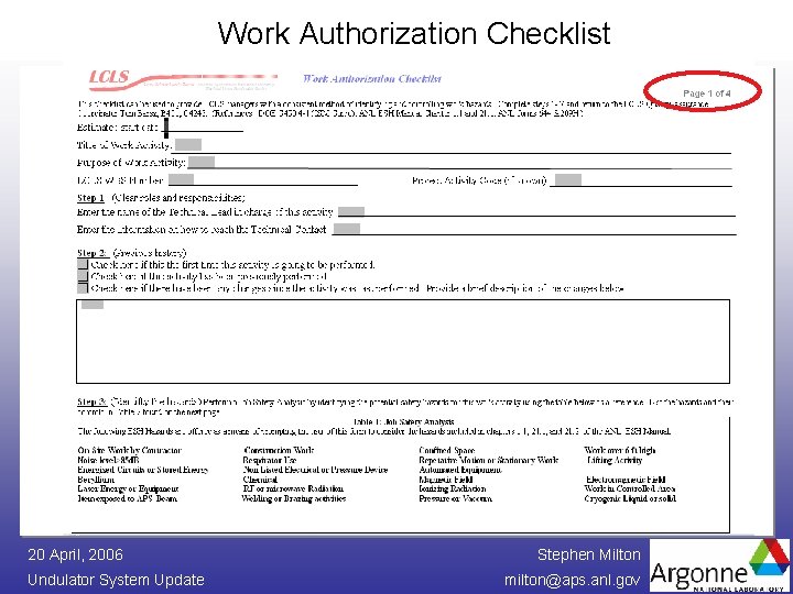Work Authorization Checklist 20 April, 2006 Undulator System Update Stephen Milton milton@aps. anl. gov