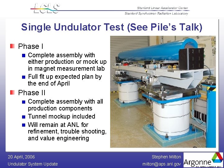 Single Undulator Test (See Pile’s Talk) Phase I Complete assembly with either production or