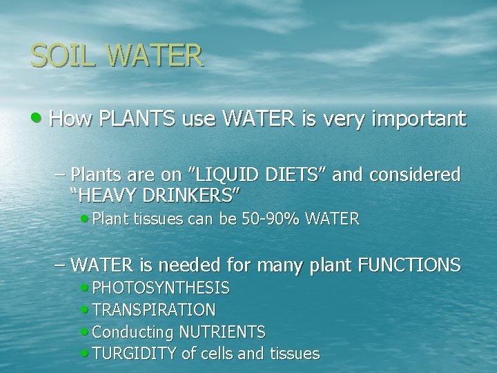 SOIL WATER • How PLANTS use WATER is very important – Plants are on SOIL WATER • How PLANTS use WATER is very important – Plants are on