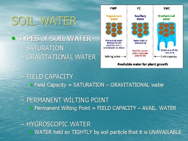 SOIL WATER • TYPES of SOIL WATER – SATURATION – GRAVITATIONAL WATER – FIELD