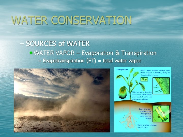 WATER CONSERVATION – SOURCES of WATER • WATER VAPOR – Evaporation & Transpiration –
