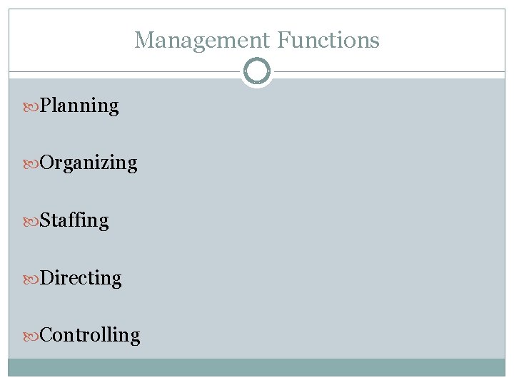 Management Functions Planning Organizing Staffing Directing Controlling 