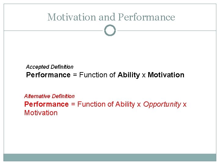 Motivation and Performance 9 Accepted Definition Performance = Function of Ability x Motivation Alternative
