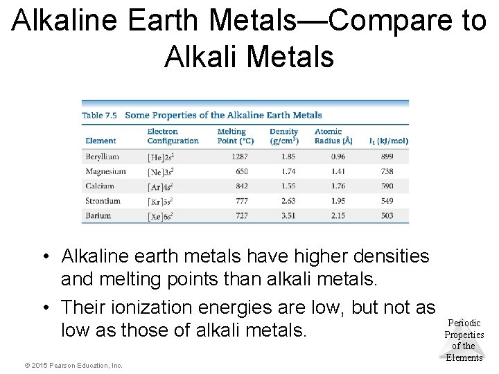 Alkaline Earth Metals—Compare to Alkali Metals • Alkaline earth metals have higher densities and