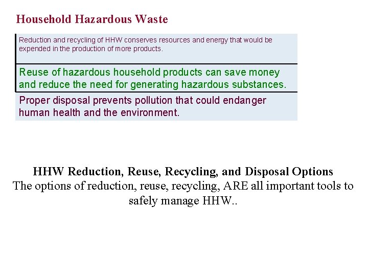 Household Hazardous Waste Reduction and recycling of HHW conserves resources and energy that would