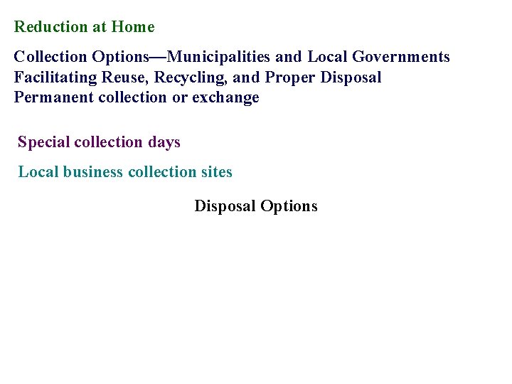 Reduction at Home Collection Options—Municipalities and Local Governments Facilitating Reuse, Recycling, and Proper Disposal