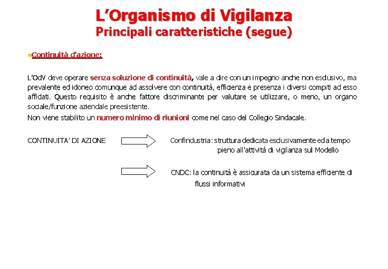 L’Organismo di Vigilanza Principali caratteristiche (segue) n. Continuità d’azione: L’Od. V deve operare senza