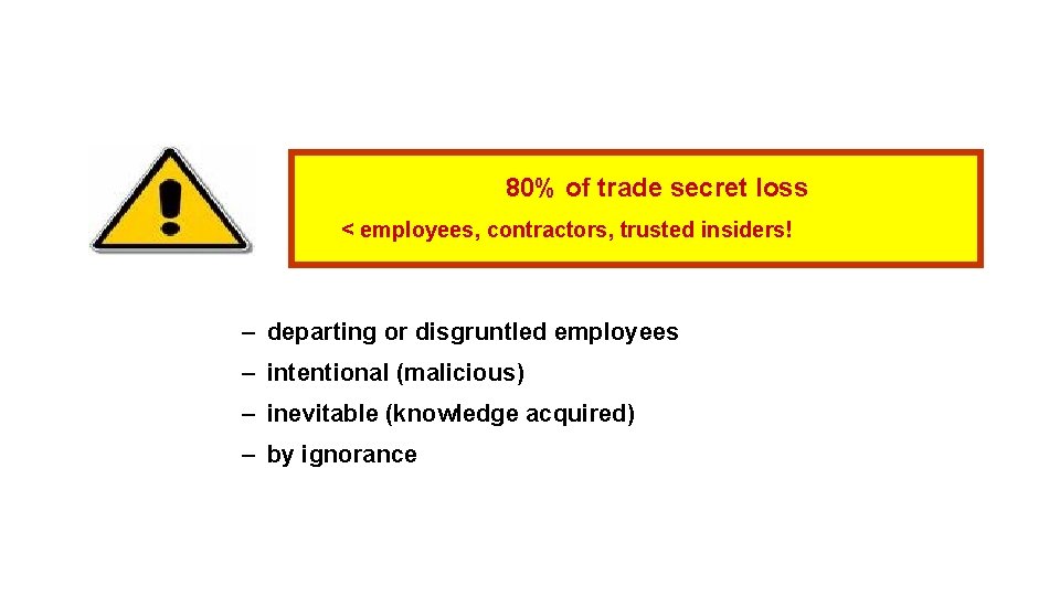 80% of trade secret loss < employees, contractors, trusted insiders! – departing or disgruntled