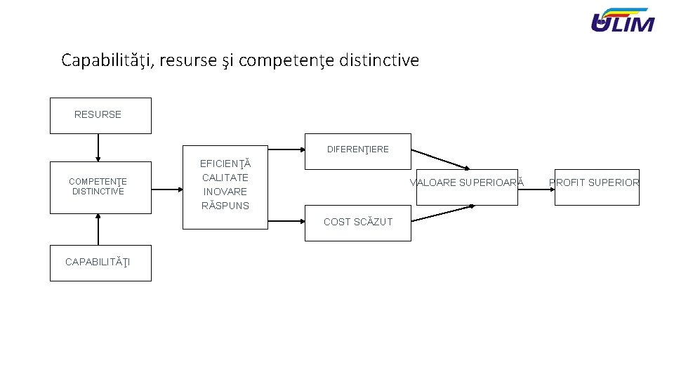 Capabilităţi, resurse şi competenţe distinctive RESURSE DIFERENŢIERE COMPETENŢE DISTINCTIVE EFICIENŢĂ CALITATE INOVARE RĂSPUNS VALOARE