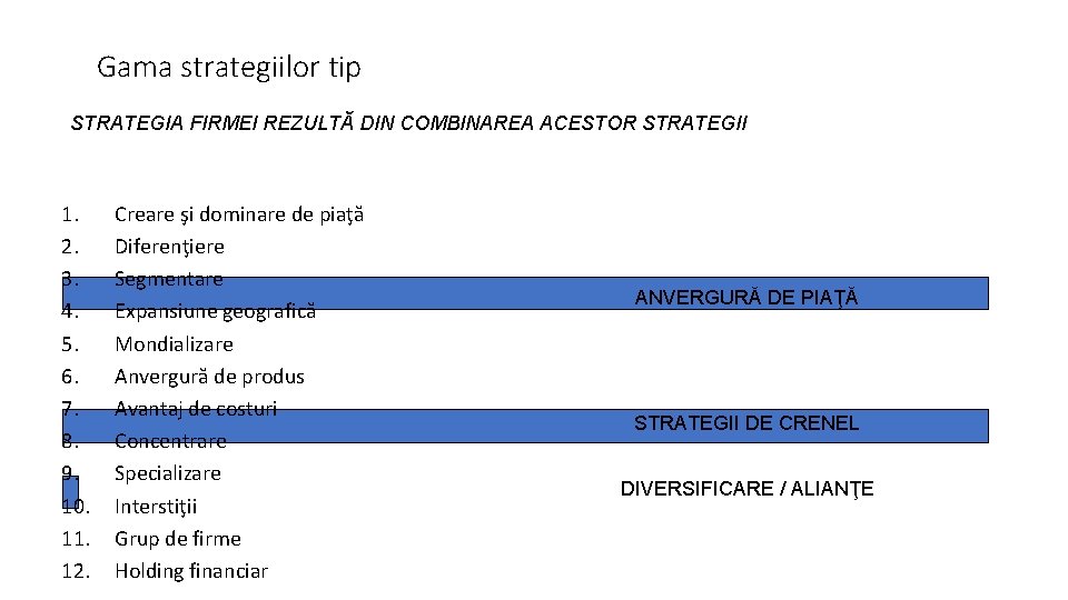 Gama strategiilor tip STRATEGIA FIRMEI REZULTĂ DIN COMBINAREA ACESTOR STRATEGII 1. 2. 3. 4.