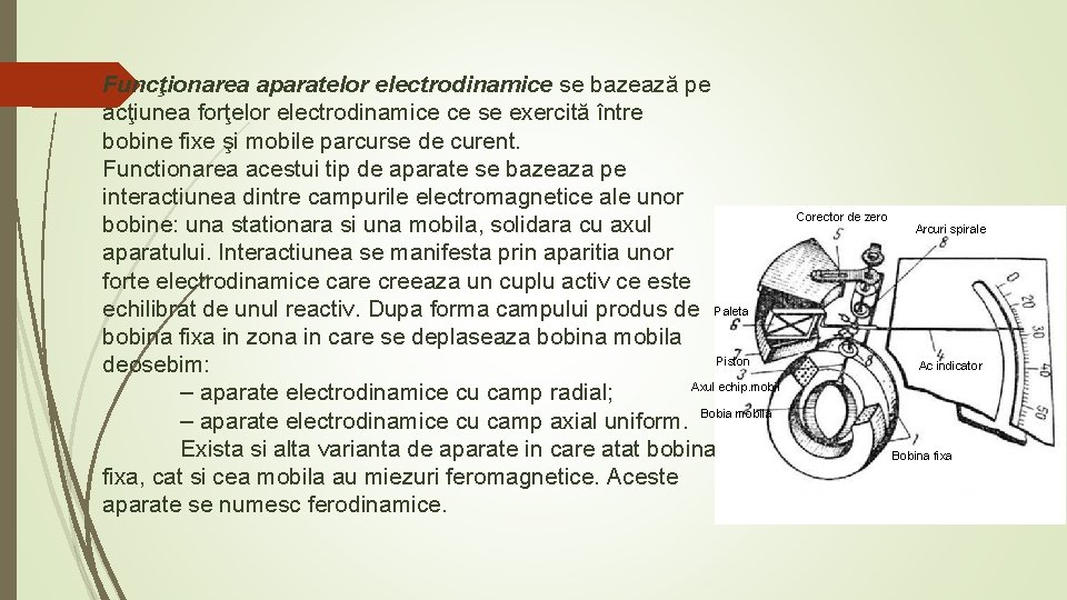 Funcţionarea aparatelor electrodinamice se bazează pe acţiunea forţelor electrodinamice ce se exercită între bobine Funcţionarea aparatelor electrodinamice se bazează pe acţiunea forţelor electrodinamice ce se exercită între bobine