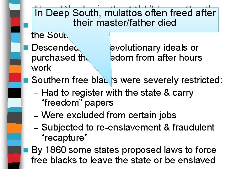 Free Blacks the Old/Upper South In Deep South, inmulattos often freed after their master/father