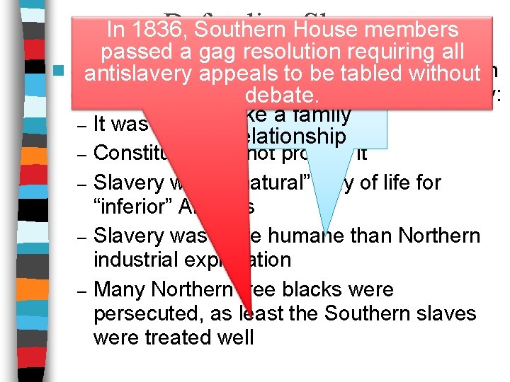 Defending Slavery In 1836, Southern House members passed a gag resolution requiring all n
