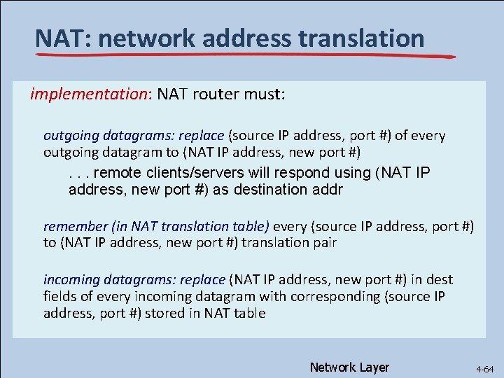 NAT: network address translation implementation: NAT router must: outgoing datagrams: replace (source IP address,