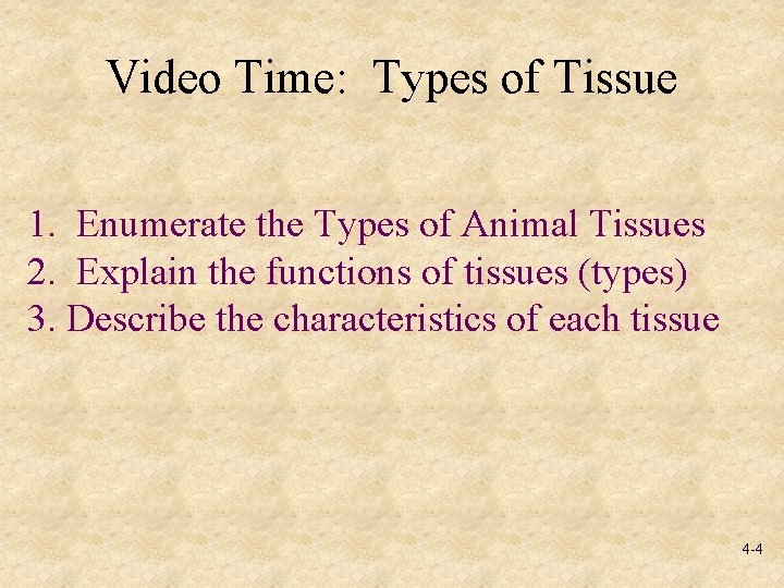 Video Time: Types of Tissue 1. Enumerate the Types of Animal Tissues 2. Explain