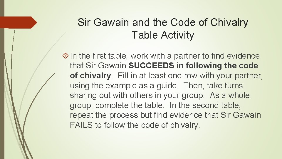 Sir Gawain and the Code of Chivalry Table Activity In the first table, work