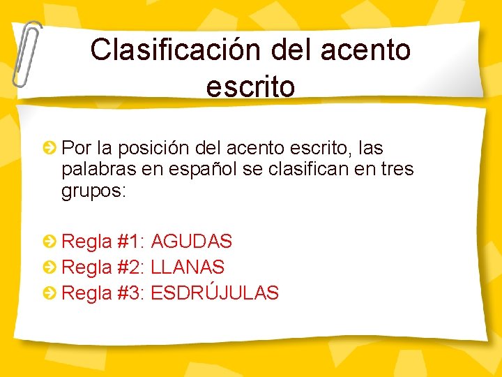 Clasificación del acento escrito Por la posición del acento escrito, las palabras en español