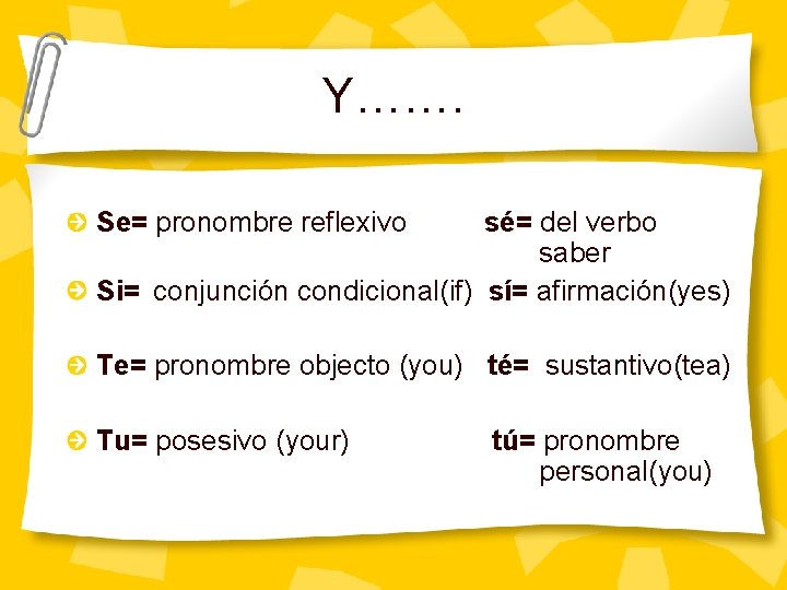 Y……. Se= pronombre reflexivo sé= del verbo saber Si= conjunción condicional(if) sí= afirmación(yes) Te=