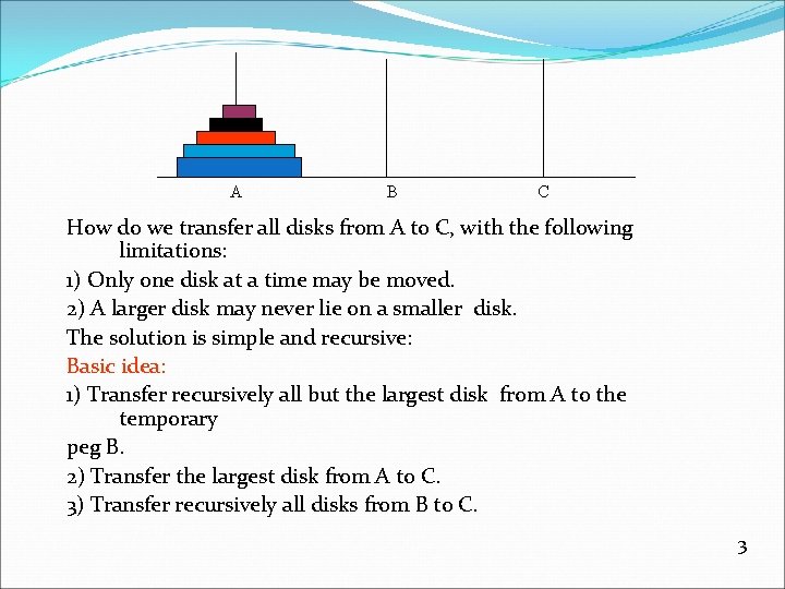 A B C How do we transfer all disks from A to C, with